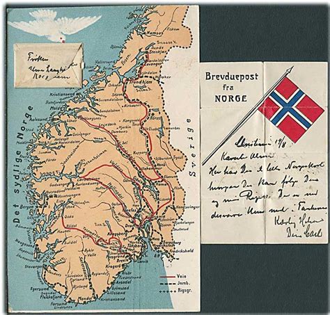 Landkort Brevduepost med lille kuvert påklæbet landkort over