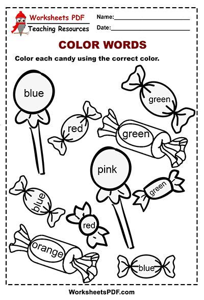 Candy Color Words Activity Coloring Worksheets For Kindergarten