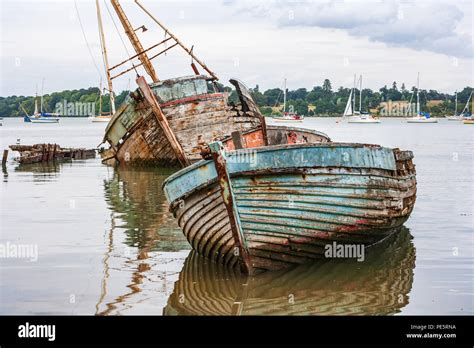 Decaying Adandoned Boats On The River Orwell Estuary Near Pin Mill On