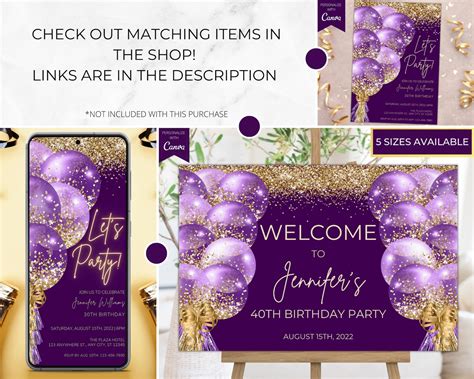 Editable Purple Gold Balloons Birthday Party Invitation Printable