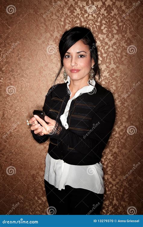 Pretty Latina Woman With Cell Phone Stock Photo Image Of Wallpaper Female