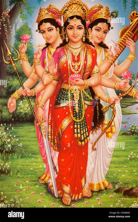 Picture of Hindu goddesses Parvati, Lakshmi and Saraswati, India, Asia ...