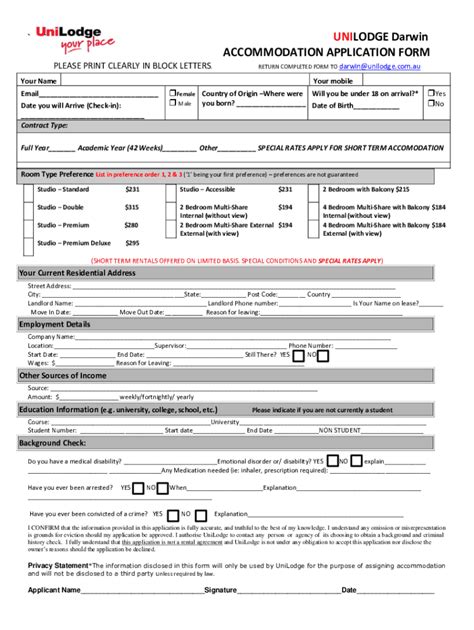 Fillable Online UNILODGE Darwin ACCOMMODATION APPLICATION FORM Fax