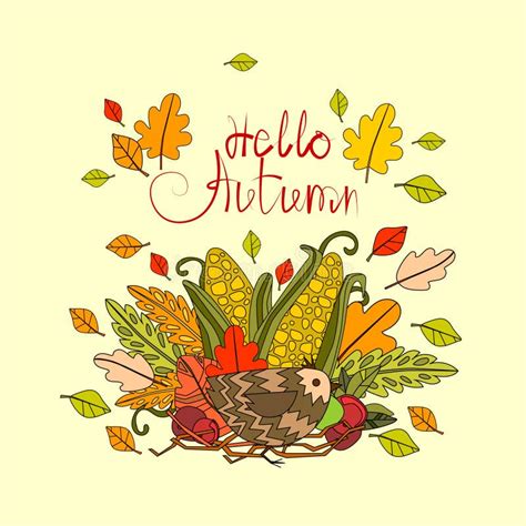 Hello Autumn Season Banner With Hand Draw Lettering Fall Greeting Card