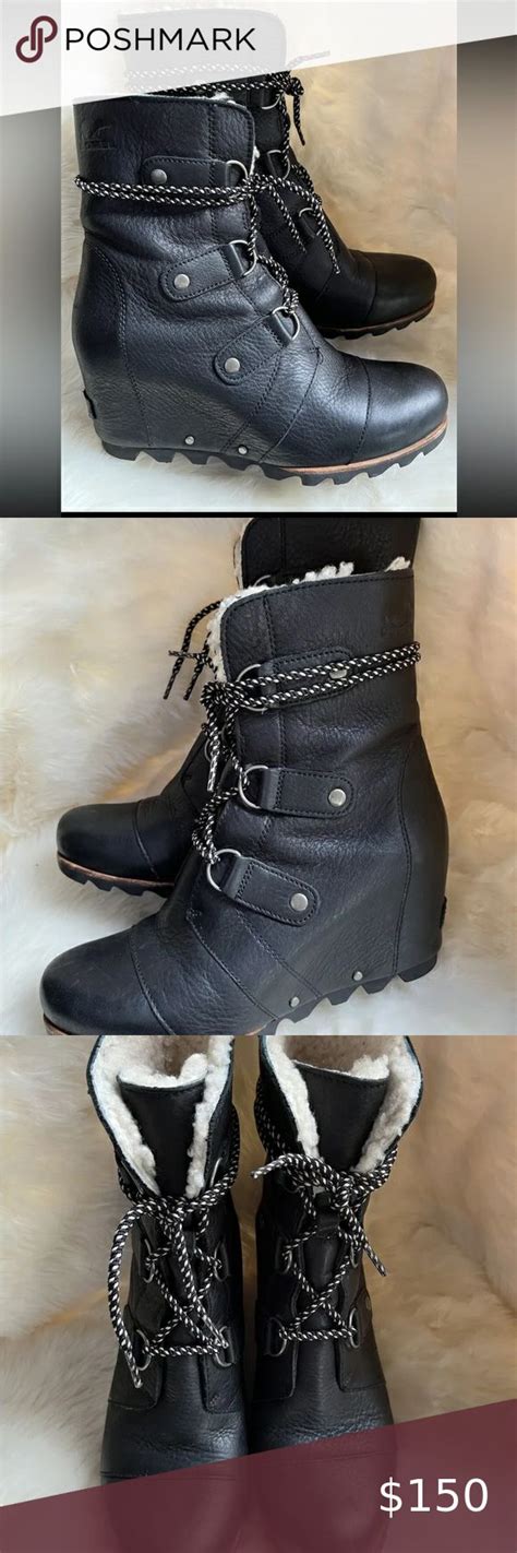 Sorel Conquest Waterproof Leather Wedge Boots Black Womens 95 Lined