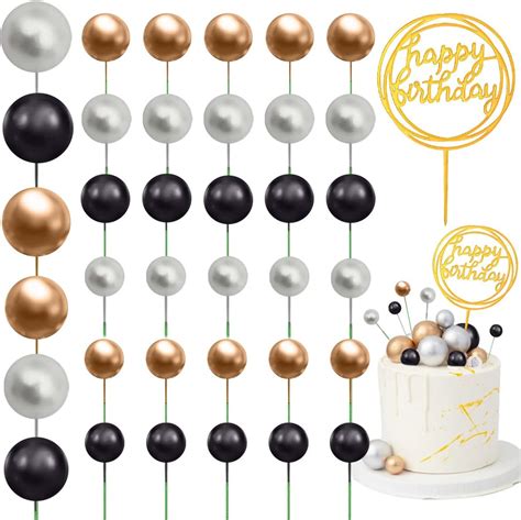 Tortendeko Kugeln 37 Stück Cupcake Topper Gold Schwarz Silber Ball