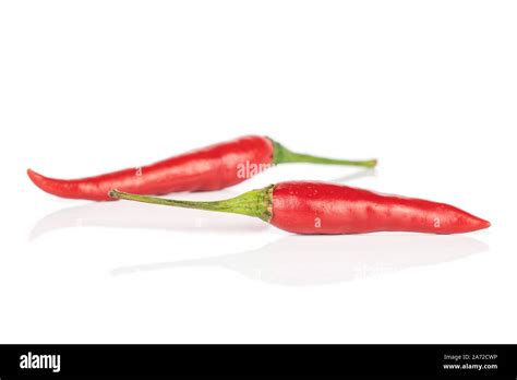 Group Of Two Whole Hot Red Chili Isolated On White Background Stock Photo Alamy