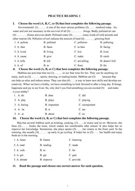 Ielts Reading Comprehension Exercises Practice Reading 1 I Choose