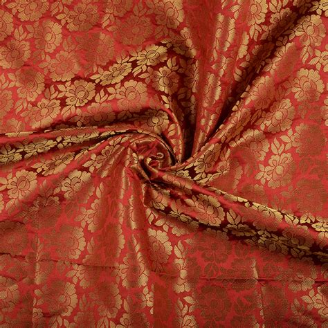 Buy Maroon And Golden Flower Brocade Silk Fabric 8548