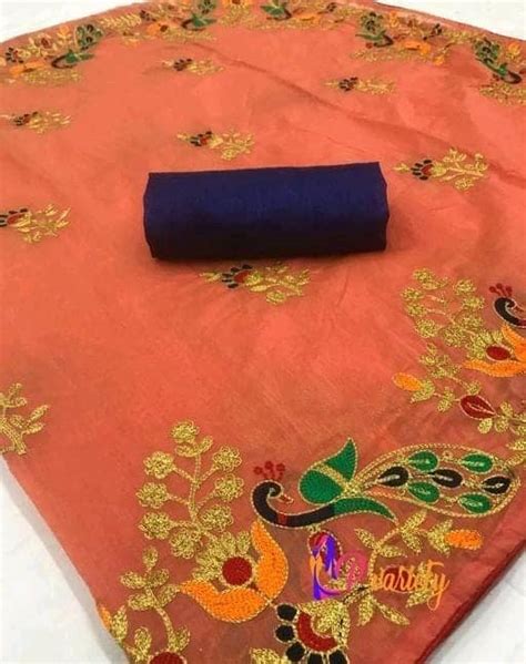 Ms Sari Chanderi Cotton Carrot Colour Embroidered Mtr