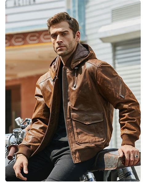 Men S Genuine Leather With A Removable Hood Warmer Brown Jacket Brown M