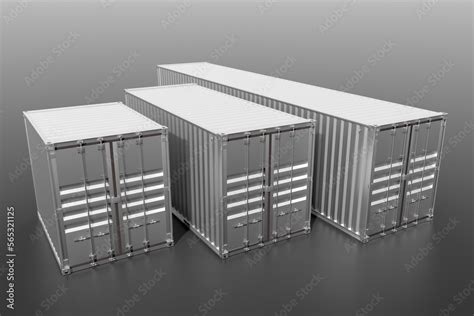 Set Of 3 Ship Cargo Containers 10 20 40 Feet Length Grey Metallic Freight Box On Grey