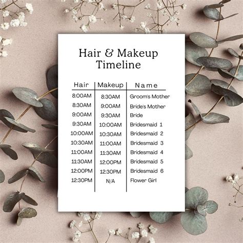 Hair And Makeup Timeline Printable Wedding Planning Wedding Day