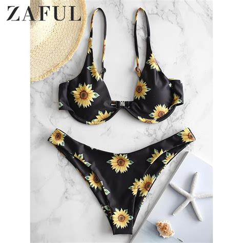 Zaful Girassol Impressão Listrado Lace Up Reversível Bikini Set