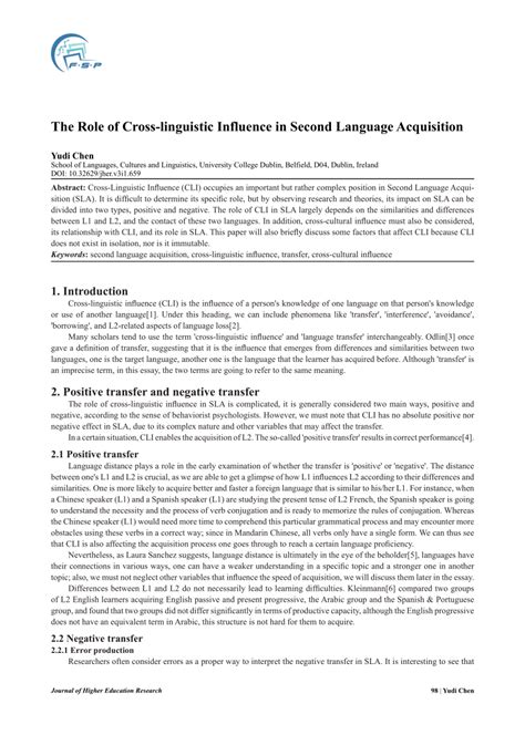 Pdf The Role Of Cross Linguistic Influence In Second Language Acquisition