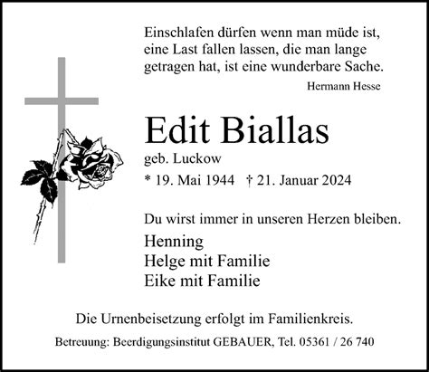 Traueranzeigen Von Edit Biallas Trauer Anzeigen De