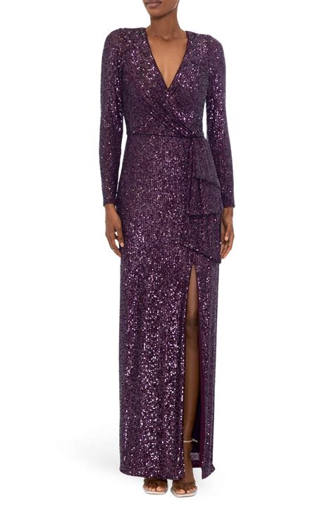 Xscape Sequin Long Sleeve Column Gown Mulberry Editorialist