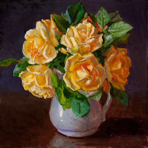 Wang Fine Art: yellow rose in a vase still life painting a day flower