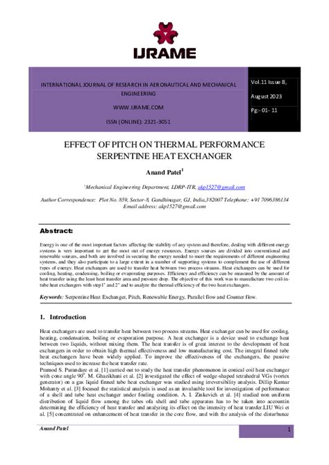 Pdf Effect Of Pitch On Thermal Performance Serpentine Heat Exchanger