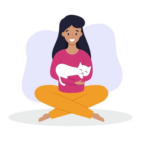 Premium Vector A Girl Holds A Cat In Her Arms A Woman With A Cat Is