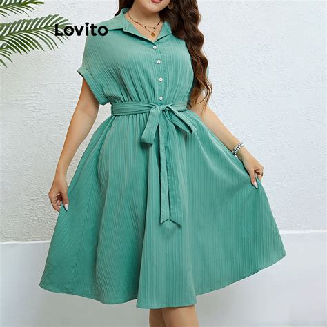 Lovito Vestido Casual Feminino Botão Frontal Liso E Renda Plus Size