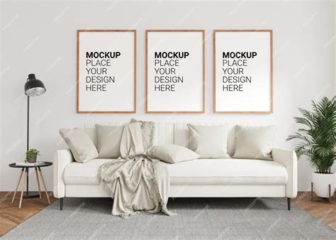 Premium Psd Three Empty Photo Frame For Mockup In Living Room 3d