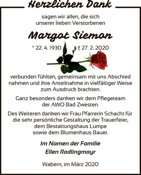 Traueranzeigen Von Margot Siemon Trauer HNA De