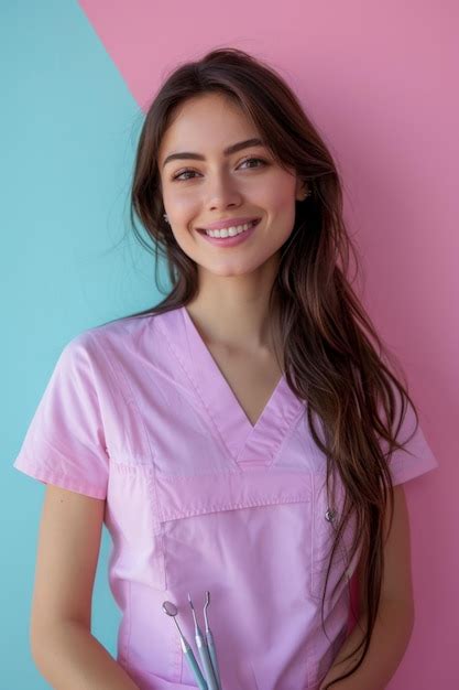 Portrait Of A Female Dentist Smiling And Holding Dental Tools Premium