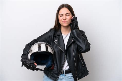 Chica Joven Con Un Casco De Motocicleta Aislado Sobre Fondo Blanco