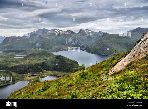 Lofoten Rainy Landscape In Arctic Norway Tjeldbergtinden Hiking Trail