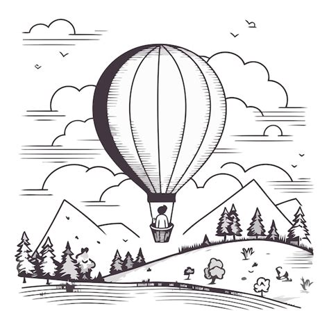 Premium Vector Vector Illustration Of Hot Air Balloon Flying Over Mountain Landscape Hand