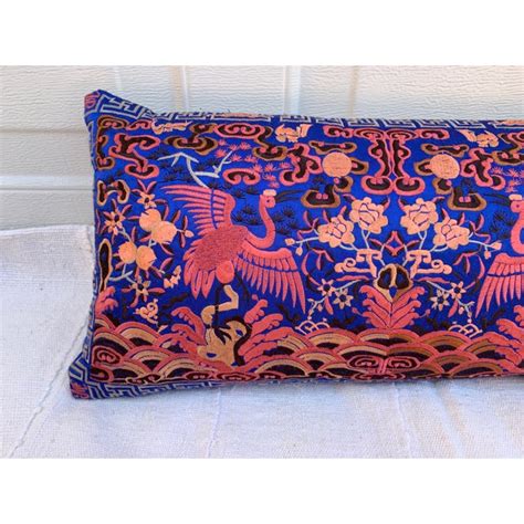 Hollywood Regency Pink And Blue Asian Chinoiserie Silk Crane Pillow