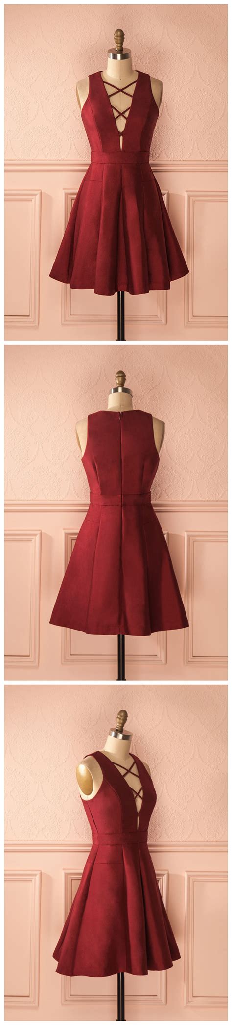 Sexy A Line V Neck Sleeveless Burgundy Short Homecoming Prom Dress On