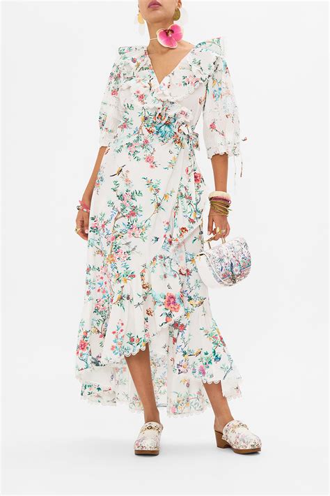 Maxi Wrap Dress With Puff Sleeve Plumes And Parterres Camilla Us