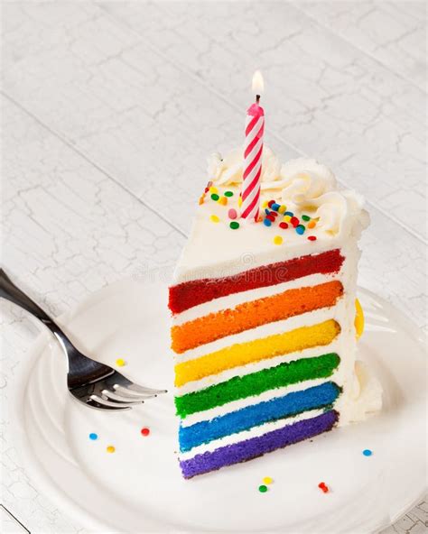 Rainbow Birthday Cake Slice Stock Image Image Of Frosted Homemade