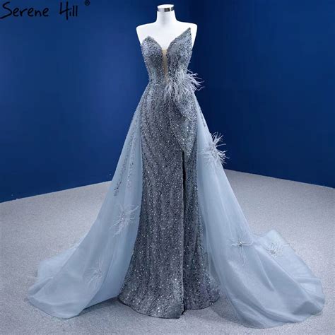 Serene Hill Grey Mermaid Overskirt Evening Dresses Gowns 2021 Feather