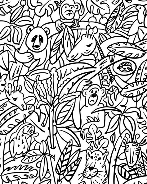 Coloring Jungle Animals Among Leaves Black Outline Vector