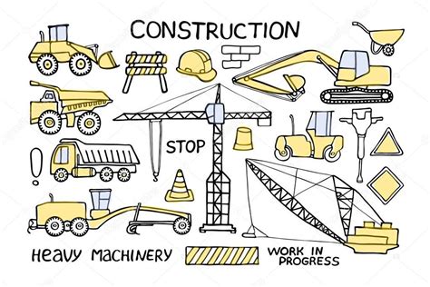 Construcción y maquinaria pesada doodle set Bosquejo dibujado a mano c