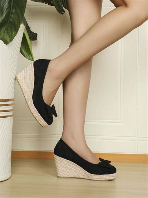 Bow Decor Espadrille Suedette Wedge Court Shoes Shein Uk