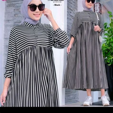 Jual Dress Midi Salur Garis Oversize Azkaqila Shof Premium Shopee