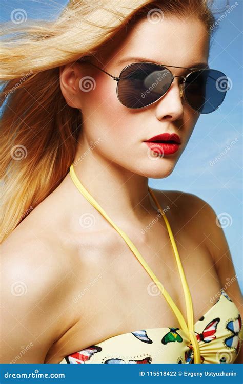 Beautiful Woman In Bikini And Sunglasses Stock Photo Image Of Caucasian Closeup 115518422