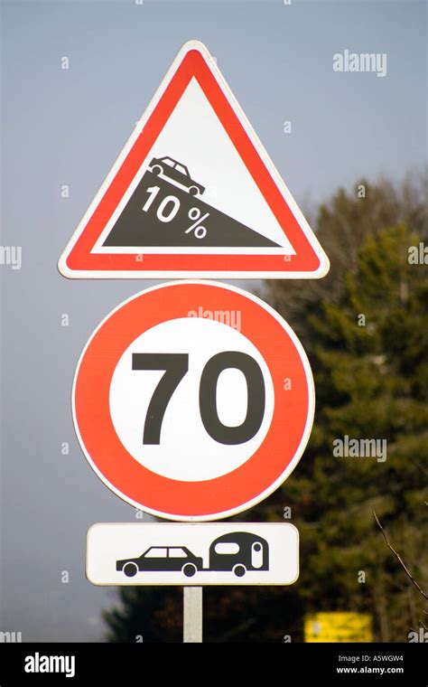 Road Signs France Hill Caravan Speed Limit Stock Photo Alamy