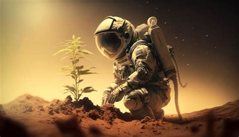 Astronauta Plantando Una Planta En El Desierto Foto Premium