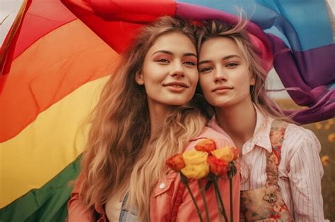Una Hermosa Pareja Lesbiana Gay Feliz Con Los Colores Del Arco Iris En Un Campo De Flores Mes