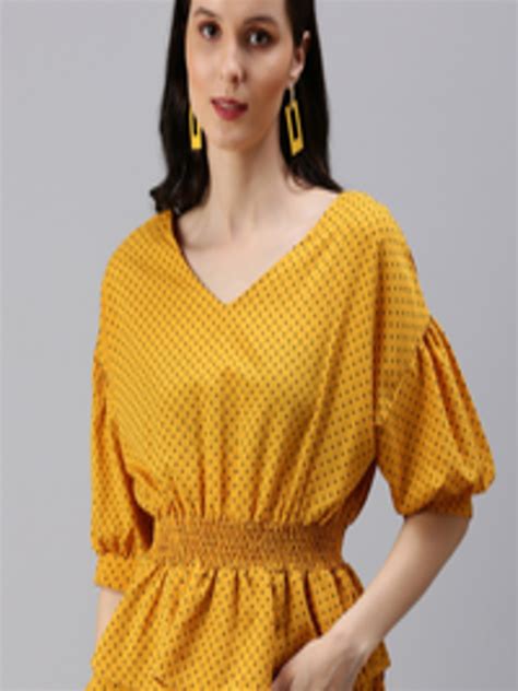 Buy Showoff Women Mustard Yellow Print Crepe Cinched Waist Top Tops