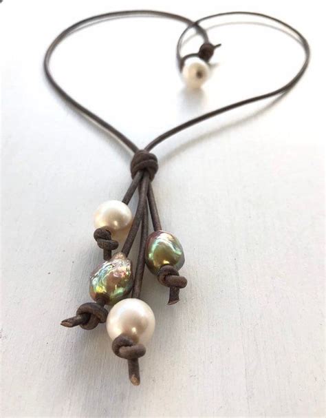 Freshwater Pearl Leather Necklace Leather And Pearls Pearl Etsy Leather Pearl Necklace