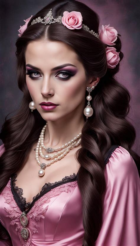 Beautiful Woman Long Haired Brunette Tied Back In A Pink Flowing Gothic Gown Wearing Pearl