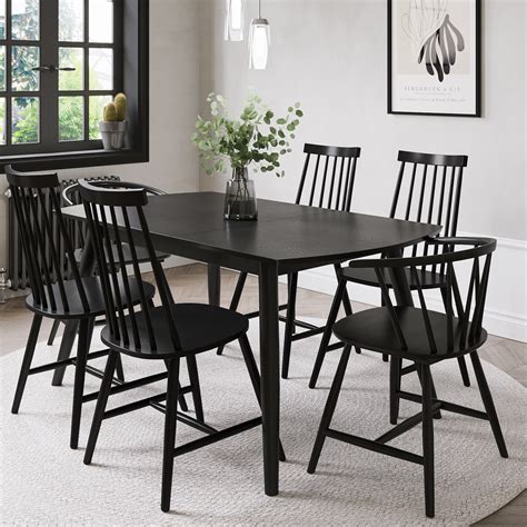 Black Extendable Dining Table Set With 4 Black Spindle Back Chairs And 2