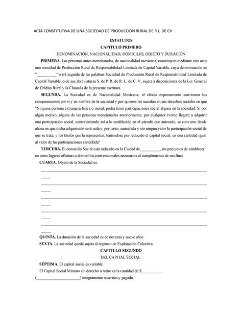 Acta Constitutiva De Una Sociedad De Producci N Rural De R L De Cv