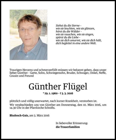 Todesanzeigen von Günther Flügel Todesanzeigen Vorarlberger Nachrichten